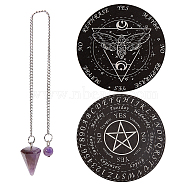 Butterfly/Pentagram Pattern Wooden Flat Round Pendulum Board, with Natural Amethyst Cone Shape Drowsing Pendulum, Mixed Patterns, Board: 150x2.5mm, 2pcs; Pendulum: 242x2.7mm, 1pc(AJEW-GF0006-87A)