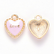 Alloy Enamel Pendants, Heart, with Word LOVE, for Valentine's Day, Light Gold, Pink, 16x13x3mm, Hole: 2mm(ENAM-S121-038)