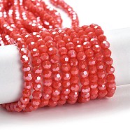 Electroplate Opaque Glass Beads Strands, Faceted(32 Facets), Pearl Luster Plated, Round, Tomato, 4mm, Hole: 0.7mm, about 87~93pcs/strand, 32~33cm(EGLA-A035-P4mm-A03)