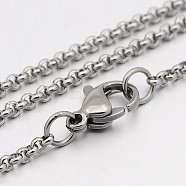 304 Stainless Steel Rolo Chain Necklaces, with Spool, with Lobster Claw Clasps, Stainless Steel Color, 17.9 inch(45.5cm), 2mm(STAS-O053-21P)