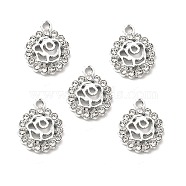 Alloy Rhinestone Pendants, Platinum Tone Hollow Out Flat Round with Rose Charms, Crystal, 16.5x13.5x2.5mm, Hole: 2mm(ALRI-C007-29P)