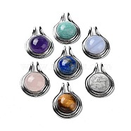 Natural Mixed Stone Pendants, Rack Plating Platinum Plated Brass Half Round Charms, Cadmium Free & Lead Free, 28x22.5x10mm, Hole: 2x4mm(G-M405-06P-A)