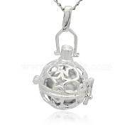Silver Color Plated Brass Hollow Round Cage Pendants, with No Hole Spray Painted Brass Round Ball Beads, Silver, 36x25x21mm, Hole: 3x8mm(KK-J226-08S)