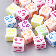 Craft Acrylic Beads, Cube with Mixed Expression, Mixed Color, 6x6x6mm, Hole: 3.5mm, about 3000pcs/500g(MACR-Q231-03)