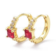 Brass Inlaid Cubic Zirconia Hoop Earrings, Real 18K Gold Plated, Square, Cadmium Free & Lead Free, Red, 15x13x5mm, Pin: 1mm(ZIRC-P090-16G-B)