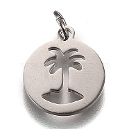 316L Surgical Stainless Steel Pendants, with Jump Rings, Flat Round with Hollow Palm Tree, Stainless Steel Color, 16x13.5x1mm, Hole: 3mm(STAS-P258-01P)