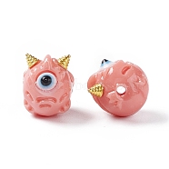 Halloween Opaque Resin Beads, with Golden Tone Alloy Horns, Single-Eye Monster, Pink, 13x10.5x12mm, Hole: 1.8mm(RESI-F033-01D)
