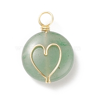 Natural Green Aventurine Pendants, with Real 18K Gold Plated Eco-Friendly Copper Wire Wrapped, Flat Round with Heart Charm, 22x16x5.5mm, Hole: 3~4.5mm(PALLOY-JF01751-03)