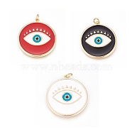 Brass Enamel Pendants, Long-Lasting Plated, Lead Free & Cadmium Free & Nickel Free, Flat Round with Evil Eye, Real 18K Gold Plated, Mixed Color, 31x28.5x2mm, Hole: 3.5mm(ZIRC-L078-069-M-NR)