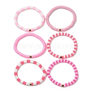 Handmade Polymer Clay Heishi Beads Stretch Bracelets Sets, with Golden Plated Stainless Steel Spacer Beads, Pink, Inner Diameter: 2 inch(5.2cm), 6pcs/set(BJEW-JB05902-06)