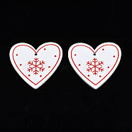 Christmas Theme Spray Painted Wood Pendants, Single-Sided Printed, Heart with Snowflake, White, 48x50x2.5mm, Hole: 2mm(WOOD-N005-56A)