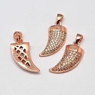 Knife Brass Micro Pave AAA Cubic Zirconia Pendants, Cadmium Free & Nickel Free & Lead Free, Real Rose Gold Plated, 17x9x3mm, Hole: 3.5x2mm(ZIRC-L050-02RG-NR)