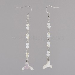 Glass Dangle Earrings, with Sea Shell and Brass Earring Hooks, Fishtail Shape, WhiteSmoke, 80~82mm, Pin: 0.7mm(EJEW-JE02870-02)