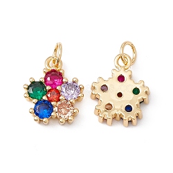 Rack Plating Brass Micro Pave Colorful Cubic Zirconia Pendants, with Jump Ring, Cadmium Free & Nickel Free & Lead Free, Flower, Real 18K Gold Plated, 11x9.5x2.5mm, Jump Ring: 4x0.6mm, Inner Diameter: 2.8mm(ZIRC-C040-41G)