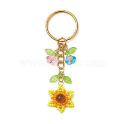 Seed Beads Keychain, with Iron Split Key Rings and Flower Acrylic Charms, Colorful, 8.3cm(KEYC-MZ00012)