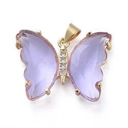 Brass Micro Pave Clear Cubic Zirconia Pendants, with Glass, Butterfly, Golden, Lavender, 20x26.5x5mm(ZIRC-P079-A01-09)