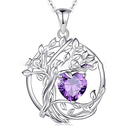 925 Sterling Silver Double-Layer Necklace, Twelve Birthstone Pendants, Tree of Life, Platinum, Thistle, 16.14~19.69 inch(41~50cm)(PW-WGB13A5-06)