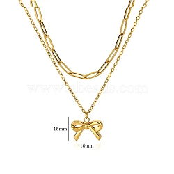 304 Stainless Steel Bowknot Pendant Necklaces, Double Layer Necklaces, Real 18K Gold Plated, 15.63 inch(39.7cm), Bowknot: 15x10mm(NJEW-L182-001G-01)