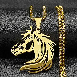 Horse Head 304 Stainless Steel Pendant Necklaces for Men Women, Box Chain Necklaces, Golden, 23.43 inch(59.5cm)(NJEW-K283-14G)