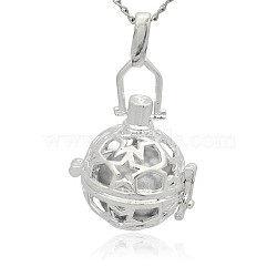 Silver Color Plated Brass Hollow Round Cage Pendants, with No Hole Spray Painted Brass Round Ball Beads, Silver, 36x25x21mm, Hole: 3x8mm(KK-J226-08S)