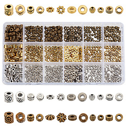 Elite 900Pcs 18 Styles Tibetan Style Alloy Spacer Beads Sets, Column & Donut & Flower, Mixed Shapes, Mixed Color, 4~6x2~4.5mm, Hole: 1~3mm, 50pcs/style(TIBEB-PH0005-12)