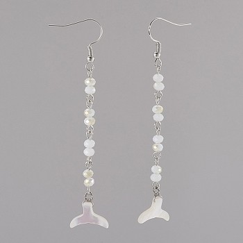 Glass Dangle Earrings, with Sea Shell and Brass Earring Hooks, Fishtail Shape, WhiteSmoke, 80~82mm, Pin: 0.7mm