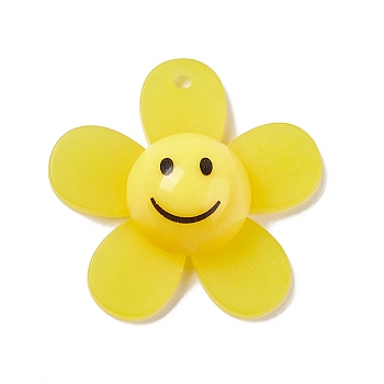 Frosted Translucent Acrylic Pendants, Sunflower with Smiling Face Charm, Yellow, 29x30x9mm, Hole: 1.8mm