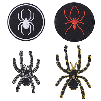WADORN 4Pcs 4 Styles Halloween Spider Pattern Polyester Embroidered Iron on Cloth Patches, Applique Patch, Sewing Craft Decoration, Black, 63~88x43~55x1~1.5mm, 1pc/style