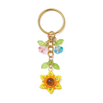 Seed Beads Keychain, with Iron Split Key Rings and Flower Acrylic Charms, Colorful, 8.3cm