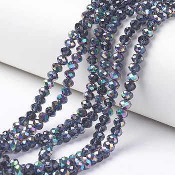 Electroplate Transparent Glass Beads Strands, Half Multi-color Plated, Faceted, Rondelle, Marine Blue, 6x5mm, Hole: 1mm, about 83~85pcs/strand, 38~39cm