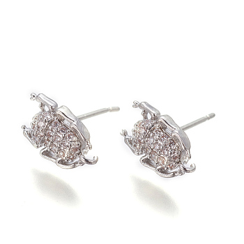 Brass Cubic Zirconia Stud Earrings Finding, with Loop, Lead Free & Cadmium Free, Insect, Clear, Platinum, 11x7.5x3mm, Pin: 0.8mm