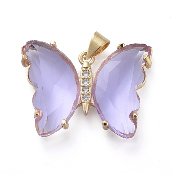 Brass Micro Pave Clear Cubic Zirconia Pendants, with Glass, Butterfly, Golden, Lavender, 20x26.5x5mm