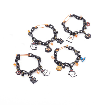 Halloween Theme Alloy Enamel Charm Bracelets, with Iron Safety Pins, Glass Beads and ABS Plastic Cable Chains, Mixed Shapes, Mixed Color, 7-1/2 inch(19cm)