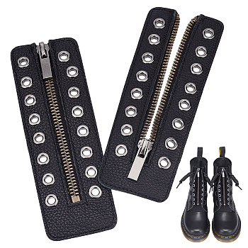 Elite 1 Pair Cowhide Leather Lace-in Boot Zipper Inserts, Tieless Shoe Laces, with Nylon and Alloy Findings, Black, 15.7x5.5x0.3cm, Hole: 5mm