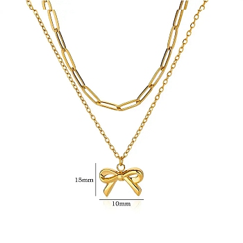 304 Stainless Steel Bowknot Pendant Necklaces, Double Layer Necklaces, Real 18K Gold Plated, 15.63 inch(39.7cm), Bowknot: 15x10mm