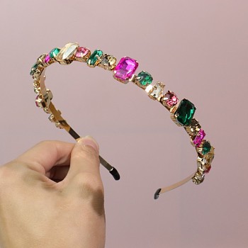 Glass Rhinestone Hair Bands, Golden Tone Iron Hair Accessories for Women Girls, Colorful, 150x130mm
