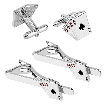 Alloy Cufflinks, with Brass, for Men, Playing Card, Platinum, 17.5~19x18~64x17~23.5mm, 4pcs/box