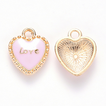 Alloy Enamel Pendants, Heart, with Word LOVE, for Valentine's Day, Light Gold, Pink, 16x13x3mm, Hole: 2mm