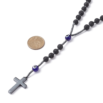 Natural Lava Rock & Synthetic Hematite Rosary Bead Necklaces, Cross & Lampwork Evil Eye Pendant Necklace, Blue, 28.35 inch(72cm)