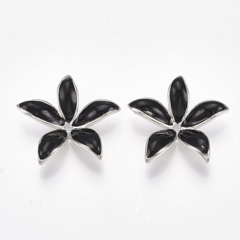 Brass Charms, with Enamel, Flower, Nickel Free, Real Platinum Plated, Black, 22.5x24x5.5mm, Hole: 1~1.6mm
