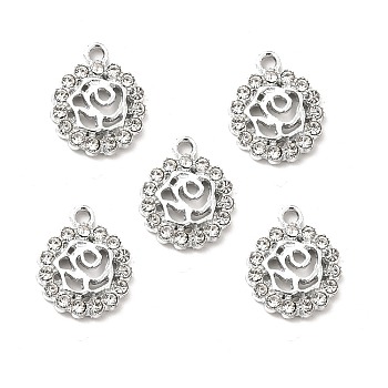 Alloy Rhinestone Pendants, Platinum Tone Hollow Out Flat Round with Rose Charms, Crystal, 16.5x13.5x2.5mm, Hole: 2mm