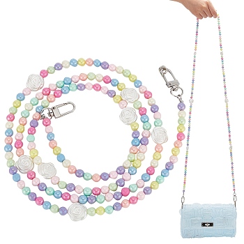 Rainbow Macaron Color Resin Round & Rose Beaded Mobile Phone Straps, with Plastic Tether Tab & Iron Swivel Rings, Colorful, 137cm