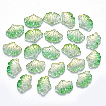 Two Tone Transparent Spray Painted Glass Pendants, with Glitter Powder, Ginkgo Leaf, Light Green, 15x20x4.5mm, Hole: 1.2mm