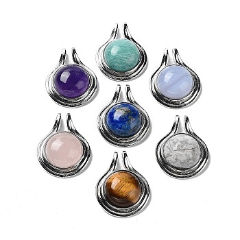 Natural Mixed Stone Pendants, Rack Plating Platinum Plated Brass Half Round Charms, Cadmium Free & Lead Free, 28x22.5x10mm, Hole: 2x4mm