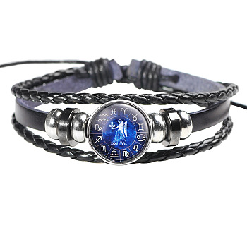 12 Constellation Leather Cord Bracelets, with Alloy Beads and Wax Cord, Flat Round, Virgo, 2-3/8 inch(6cm)