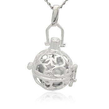 Silver Color Plated Brass Hollow Round Cage Pendants, with No Hole Spray Painted Brass Round Ball Beads, Silver, 36x25x21mm, Hole: 3x8mm