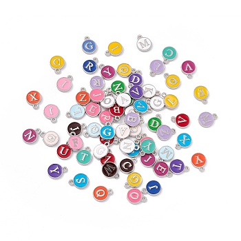 Alloy Enamel Charms, Flat Round with Random Letter, Platinum, 13x10x1.5mm, Hole: 1.5mm