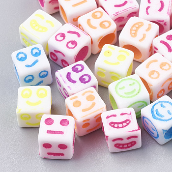 Craft Acrylic Beads, Cube with Mixed Expression, Mixed Color, 6x6x6mm, Hole: 3.5mm, about 3000pcs/500g