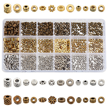 Elite 900Pcs 18 Styles Tibetan Style Alloy Spacer Beads Sets, Column & Donut & Flower, Mixed Shapes, Mixed Color, 4~6x2~4.5mm, Hole: 1~3mm, 50pcs/style