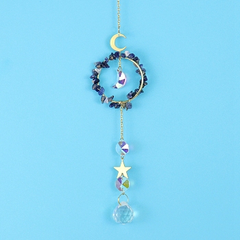 Glass & Brass Pendant Decorations, Suncatchers, Rainbow Makers, with Chips Sodalite, for Home Decoration, 400mm